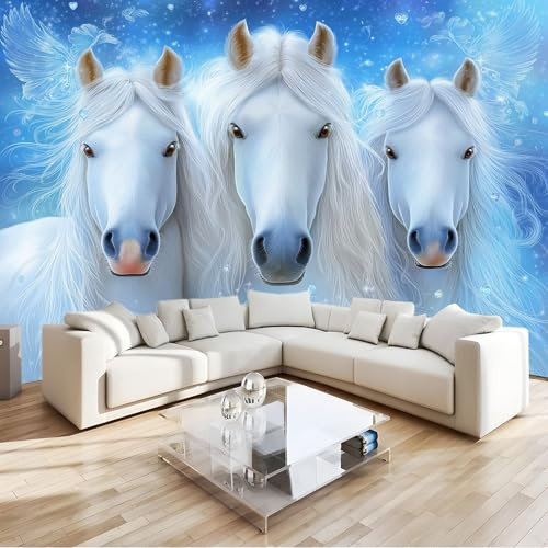 Fotomural de Pared Nórdico Estético Animales Caballo Corazón Azul 250 x 175 cm, Papel Pintado Mural (TNT) para Decoración de Interiores, Salones y Dormitorios