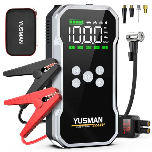 YUSMAN Starthilfe Powerbank mit Kompressor | 8000A Auto Starthilfe für alle Benzinmotoren & 8L Diesel | 160PSI Luftpumpe mit LCD & Multifunktions-Taschenlampe