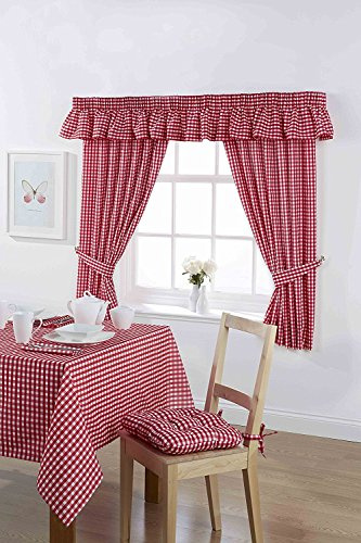Country Look Gingham Check Cherry Unlined Readymade Curtain 46x42in (116x107cms) Approximately. Includes Tie Back Pair.