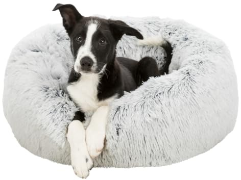 Trixie Hundebett Harvey rund, mit Langhaar-Plüsch – ø 80 cm, weiß/schwarz | Weiches Liegekissen aus Langhaar-Plüsch, waschbar – für große Hunde, rutschfester und formstabiler Boden