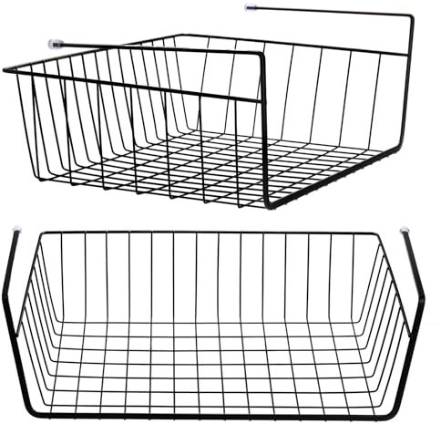 Tebery 2 Stück schwarzer Drahtkorb unter dem Regal, hängende Aufbewahrungskörbe unter dem Schrank, zusätzliche Aufbewahrungsregale, Einschubkörbe für Küche, Speisekammer, Schreibtisch, Bücherregal
