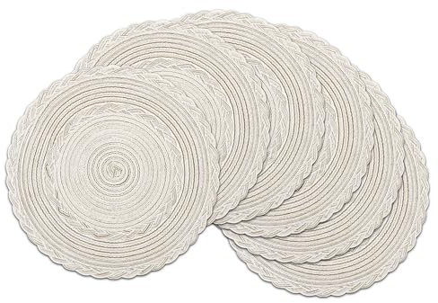 SHACOS 6er Set Tischsets Platzsets Rund, Abwaschbar, Geflochten, Runde Platzdeckchen, Hitzebeständig, Schmutzabweisend, Platzset für Runden Tisch, Küche, Hochzeit, Deko, Milchig Weiß