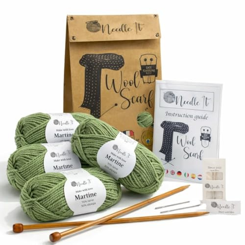 Needle It® - Komplettes Strickset für Anfänger mit Stricknadeln - Strickschal aus Wolle - Geschenkidee (Dunkelgrün)