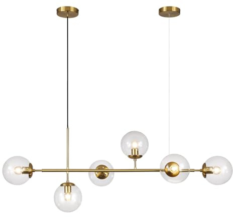 KCO Lighting 6 Light Bubble Kronleuchter Beleuchtung Klarglas Globe Kronleuchter Messing Gold Linear Pendelleuchte Mitte Jahrhundert Moderne Pendelleuchte für Wohnzimmer Küche Insel Esszimmer