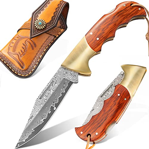 LOTHAR REINDEER Damast Klappmesser Zweihandmesser, 67 Lagen VG10 Stahl | Taschenmesser Damast Legal Deutschland, Zweihand Klappmesser mit Holzgriff, Ideal als Geschenk