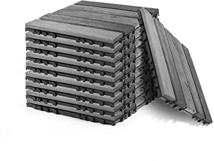 Composite Decking Tiles Set of 10 Interlocking Wood Effect Waved Straight Design Garden Indoor Patio, Balcony, Roof Terrace, Hot Tub Deck Tiles Flooring with Click System - Grey