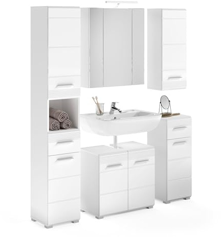 xonox.home Badezimmer Linus 5tlg. Kombination Badmöbel Set kleine Bäder Komplettprogramm Bademöbel-Set in Front weiß Hochglanz Tiefzieh,Korpus weiß inklusive Beleuchtung