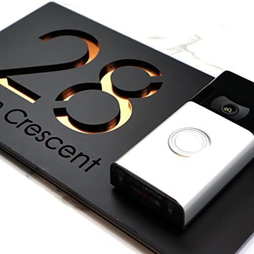 K Smart Sign | Bellissima Video Doorbell house sign door number plaques for Nest Ring Wifi doorbell plate mount | Matt Black - Copper Mirror | Contemporary Style | 300mm x 160mm