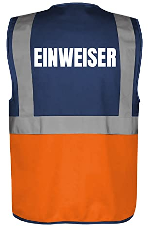 Fassbender-Druck WARNWESTEN - Sicherheitsweste NAVY/ORANGE mit Taschen und Reißverschluss nach EN ISO 20471 zertifiziert - Warn Weste für EINWEISER - Unisex mit hochwertigem Reflektorstreifen