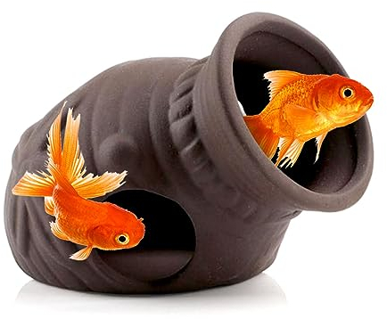HyzaPhix Ceramic Jar Aquarium Decorations Hollow Vase Fish Tank Shrimp Hideout Vintage Aquarium Ornament Hiding Cave Shelter for Shrimp Betta Lizards Hideaway Decor