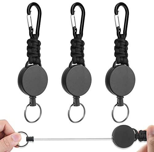 Vicloon Schlüsselanhänger Ausziehbar, 3 Stücke Heavy Duty Retractable Schlüsselrolle mit Kürbisschnalle und Paracord, Schlüsselrolle Ausziehbar mit 60cm Stahldrahtseil, für Hose und Gürtel(Schwarz)