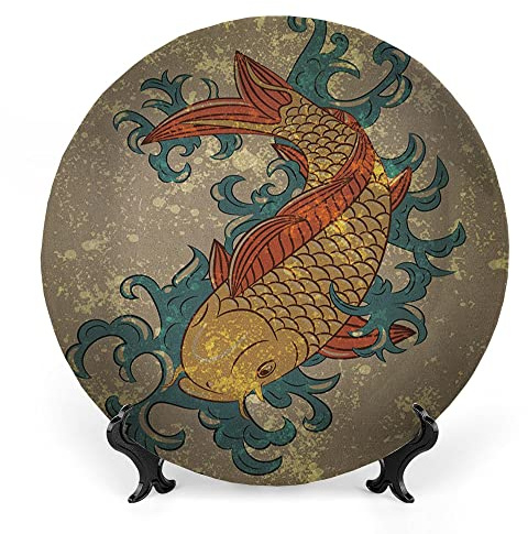 LIGUTARS Decorative Plates, Japanese Print Ornament, Grunge Style Oriental Water Koi Carp, 10 Inch, 1 Plate with 1 Display Stand, Multicolor