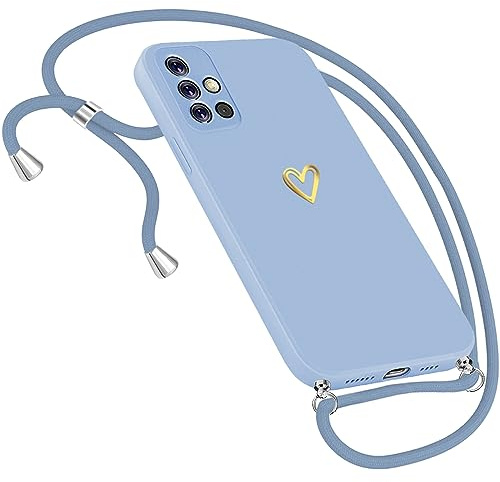 Handykette Hülle für Samsung Galaxy A51 4G Hülle Necklace, Herz Motiv Muster Handyhülle für Samsung Galaxy A51 4G Hülle mit Band Kordel zum Umhänge Band Ultradünn Hülle für Samsung A51 4G (Blau)