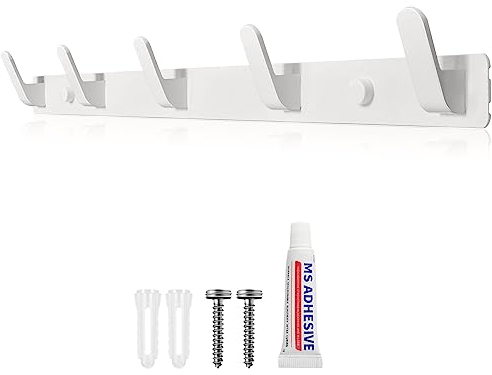 Sevenpers Coat Hooks Wall Mounted, Heavy Duty Coat Rack Hangers with 5 Hooks, Multipurpose White Wall Hooks for Hanging Clothes, Robes, Bags, Towels, Keys
