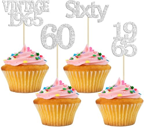 Gyufise 24Pcs Vintage 1965 Cupcake Toppers Cheers to 60 Fabulous Sixty Cupcake Picks Decorations for 60th Birthday Wedding Anniversary Party Cake Decorations Supplies Silver