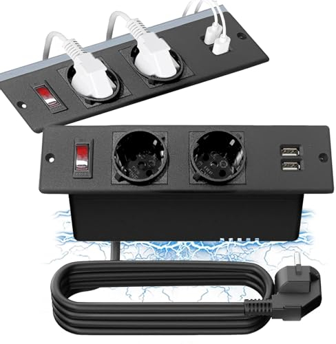 Presa Da Tavolo Con 2 Prese Usb Integrate A 2 Vie - Presa Da Incasso Per Mobili O Piani Di Lavoro - Cavo Da 1,5 M - Per Cucina E Ufficio
