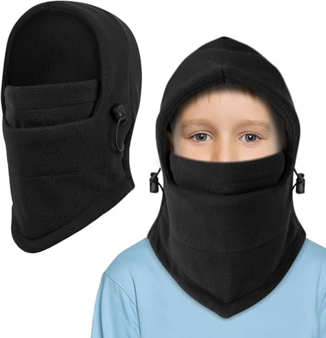 TAGVO Balaklava vinter barn 4–10 år, antistatisk varm fleece skidmask med dragsko, ventilerande elasticitet balaclava nackvärmare halsdamask för pojkar och flickor utomhusaktiviteter, svart, one size