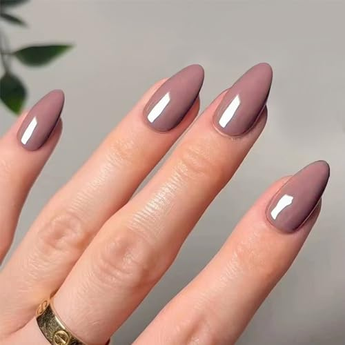 Angwis 24pcs Short Almond False Nails Grey Violet Stick on Nails Solid Color Press on Nail Removable Glue on Full Cover Fake Nail Art Accessories for Women Girls