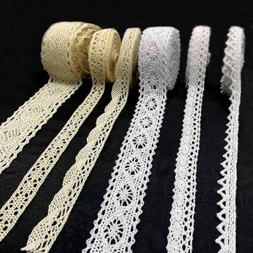 27M Spitzenband Weiß Beige, 6 Rollen Spitzenstoff Spitzenborte Dekoband Zierband Geschenkband Schleifenband Vintage Borte aus Baumwolle für Nähen DIY Handwerk Hochzeit