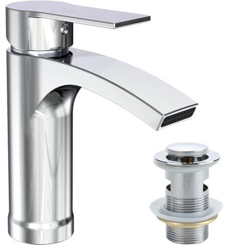 NECT Bathroom Taps - Waterfall Chrome Basin Taps with Water-Saving Aerator, Pop-up Waste & UK-Standard Hoses, Modern Round Monobloc