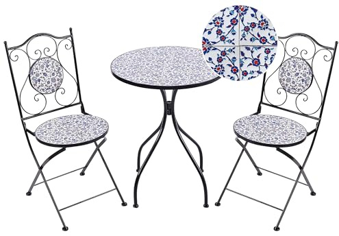 Beliani Conjunto de balcón jardín Exterior Metal Estilo Vintage patrón Mosaico Estructura de Hierro Negro Azul Camprena