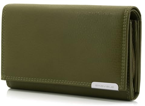 ekavale Geldbörse Damen Leder mit RFID-Schutz 25 Fächer Damen Portemonnaie Lang (Oliv)