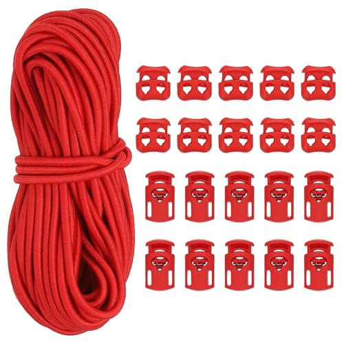 PATIKIL 15 Meter Gummiband mit 10 Stück Kordelstopper Einzelloch & 10 Stück Kordelklemme 2 Loch, Elastische Gummischnur 3mm Elastische Gummiseil für Kordelzug Rucksack, Rot