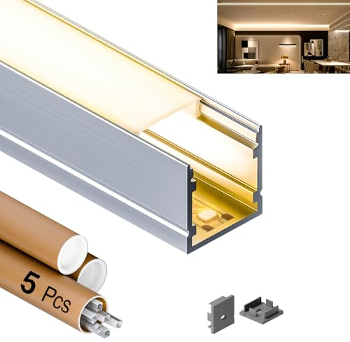 GEEKLUX 5 x LED U-Profil Aluminium 2 m (20 m), Led Profil für led Streifen bis 15mm, 20 x 20 mm, led Schiene mit milchigem PC-Diffusor, Trockenbauprofil für Decken- und Wandinstallation