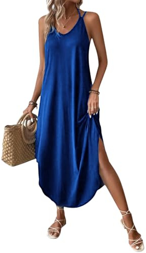 Chicrise Women Dresses Summer V-Neck Maxi Dress Sleeveless Loose Long Beach Sundress Split Casual