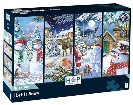 The House of Puzzles Let It Snow, 4 x 500 Piece Jigsaw Multipack | Winter Scenes, Artist Illustrated, Deluxe Puzzle Gift for Adults