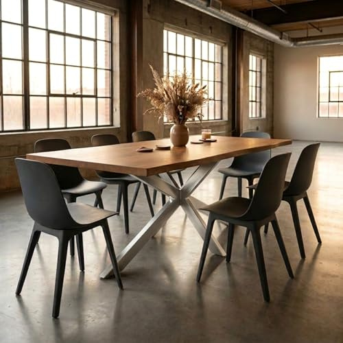Bett11 Esstisch 200x100 cm Holz 40mm Eiche-Optik, Spider Gestell Silber, Baumkantentisch aus Holz, Casa Massiva
