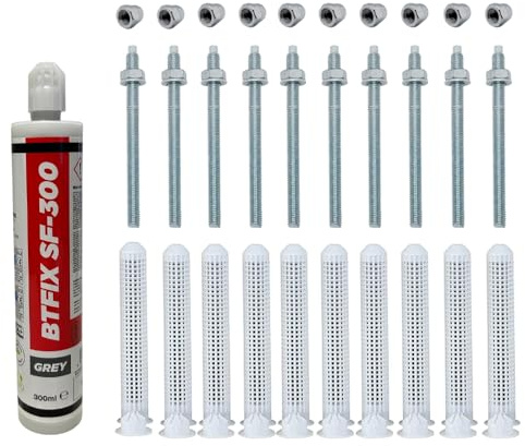 BATIFIX Schwerlast-Montageset verzinkter Stahl M10x190 mm | Ankerstangen verzinkt / Edelstahl A4 + Siebhülsen inkl. Injektionsmörtel und Hutmuttern I Schwerlast-Anker I Schwerlast-dübel