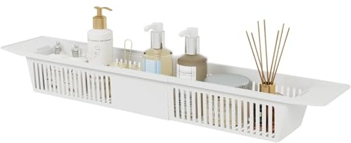 Bathroom Basket 57-86cm Plastic Bathtub Caddy Tray Adjustable Expandable Drain Bath Shelf Caddy Tray Storage Rack Bathtub Rack Toy Storage Shower Storage Rack for Candle Towel Book Wine Phone