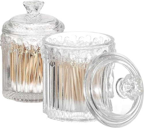 RUIAN 2 Pack Glass Apothecary Jars with Lids, Clear Bathroom Canisters for Qtips, Cotton Balls, Floss Picks, Vanity Storage Organizers