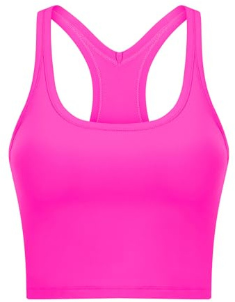 Onewus Top da yoga corto da donna con reggiseno integrato, canotta sportiva, Fucsia, XL