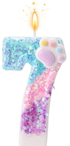 Dog and Cat Paw Number Candle for Cake, Cartoon Birthday Candle Kitten Dog Themed Number Cake Topper with Base & Supporting Stick for Puppy Kitten Lovers Party Decoration Supplies (7)