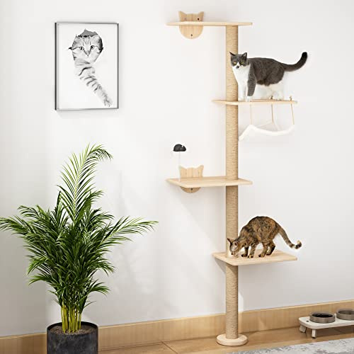 Kratzbaum für Katzen Wand Klettern 4 Etagen Katzenturm(176 cm) aus Natürliches Kiefernholz Katzenregal mit Hängematte und Sisal-Kratzmatte Federnde Spielmaus Kletterwand für Wohnungskatzen