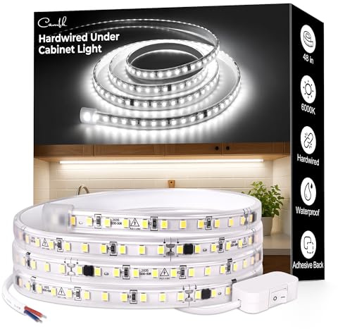 cambk 48inch Hardwired Under Cabinet Lighting for Kitchen,120V Wired Undercounter Led Strip Lights 6000K White Waterproof, Luces para Cocina Bajo Gabinete Under Shelf Lights for Sink/Workbench