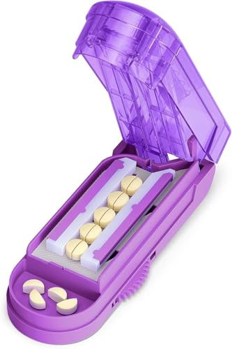 BUG HULL Tablettenteiler für Mehrere Pillen Auf Einmal, Tablettenschneider für Kleine Und Winzige Tabletten Und Große Tabletten, Pillenteiler Mit versteckter Schneide Aus Edelstahl (Lila)