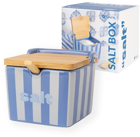 Fisura – Salière originale bleue avec couvercle “salt”. Grand pot carré en céramique avec couvercle en bois et cuillère. Pour sel, sucre ou épices. 10 x 10 x 9 cm.