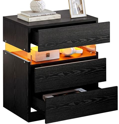 IRONCK Nachttisch mit breiterer Tischplatte 3 Schubladen, Schwarz | Nachtschrank mit LED-Beleuchtung für Schmale Räume Schlafzimmer, Wohnzimmer, 37,2T x 50B x 61,5H cm, Modern Beistelltisch