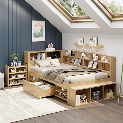 Merax Kinderbett 90x200 cm mit Stauraum, Einzelbett Funktionsbett Jugendbett mit Schubladen, Stauschrank, Bücherregal, Nachttisch, kabelloser Ladefunktion, Holzfarbe/254x109x91cm