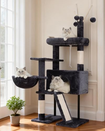 Gitelsnour Árbol para gatos de interior, torre para gatos con poste rascador para gatos pequeños y gatitos, casa para gatos con plataforma superior extraíble y bolas esponjosas, cesta colgante para