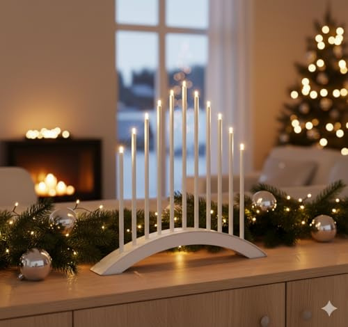 MeLiTec LED USB-C Stimmungsbogen Weihnachten, Warmweiß (3000K), Dimmbar (3 Stufen), 5h-Timer, Kabellos inkl. Akku, IP20, Innen, Stahl Weiß – Dekorationslicht, Lichtbogen, Fensterlicht