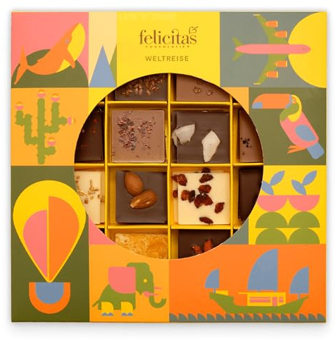 Felicitas Weltreise Schokolade 200g – 43 Mini Tafeln – 20 Sorten aus aller Welt – Belgische Schokolade Box – Glutenfrei & alkoholfrei – Süßigkeiten Box zum Geburtstag, Weihnachten & besonderen Anlässe
