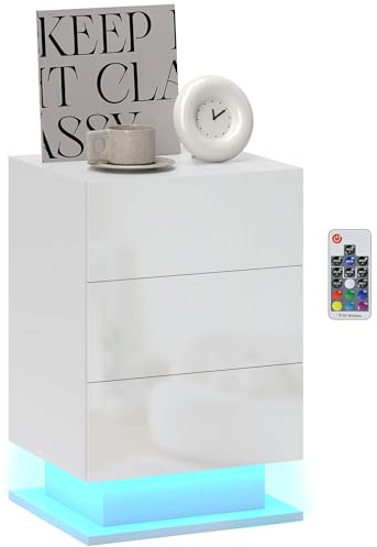 HOMCOM Mesita de Noche con Tira LED Multicolor Variable, Mesa Auxiliar con 3 Cajones, Mesilla de Noche para Dormitorio y Salón, Estilo Moderno, Blanco Brillo, 40x35x60 cm