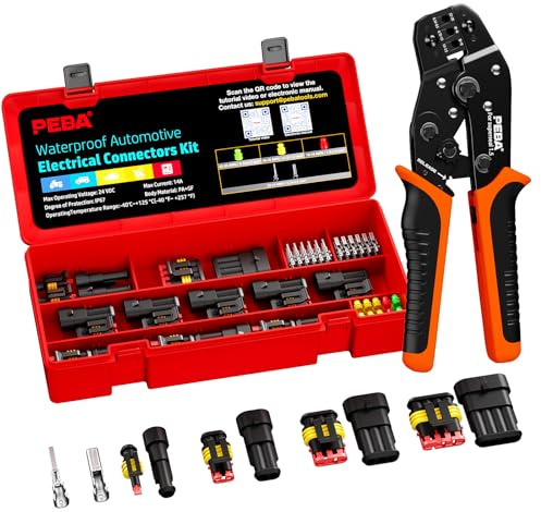 PEBA Waterproof Automotive Electrical Connectors Crimping Tool Kit, 1/2/3/4-Pin Way Waterproof Wire Connectors, Ratchet Crimper Tool for AWG 22-14 Wire, Electrical Wire Plug Car Tool Kit