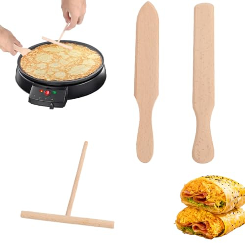 Juego de 3 Utensilios de Madera de Haya para Crepes y Tortitas, con Espátula en T, Espátula Plana y Espátula de Punta para Distribuir y Voltear Masa en Sartenes Antiadherentes