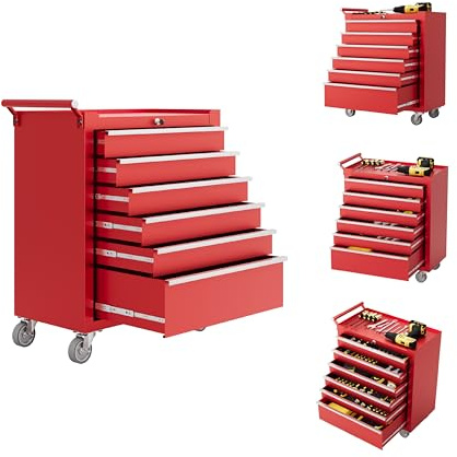 IDEALHOUSE Rolling Tool Chest, 6 Drawers Tool Storage Cabinet, Toolbox with Wheels, Portable Tool Cabinet Organizer with Locking System & Drawer Liners, Tool Storage Cart for Garage, Workshop, Red