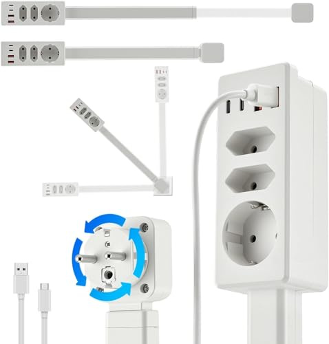 USB Steckdosenverlängerung, PD 20W Steckdose Verlängerung, 360° Drehbarer Ausfahrbare Steckdosenleiste, mit Ausziehbarer 45-70cm, 3 AC Steckdosen 2 USB-A und 2 Typ-C, für Sofa, Bett, Küche